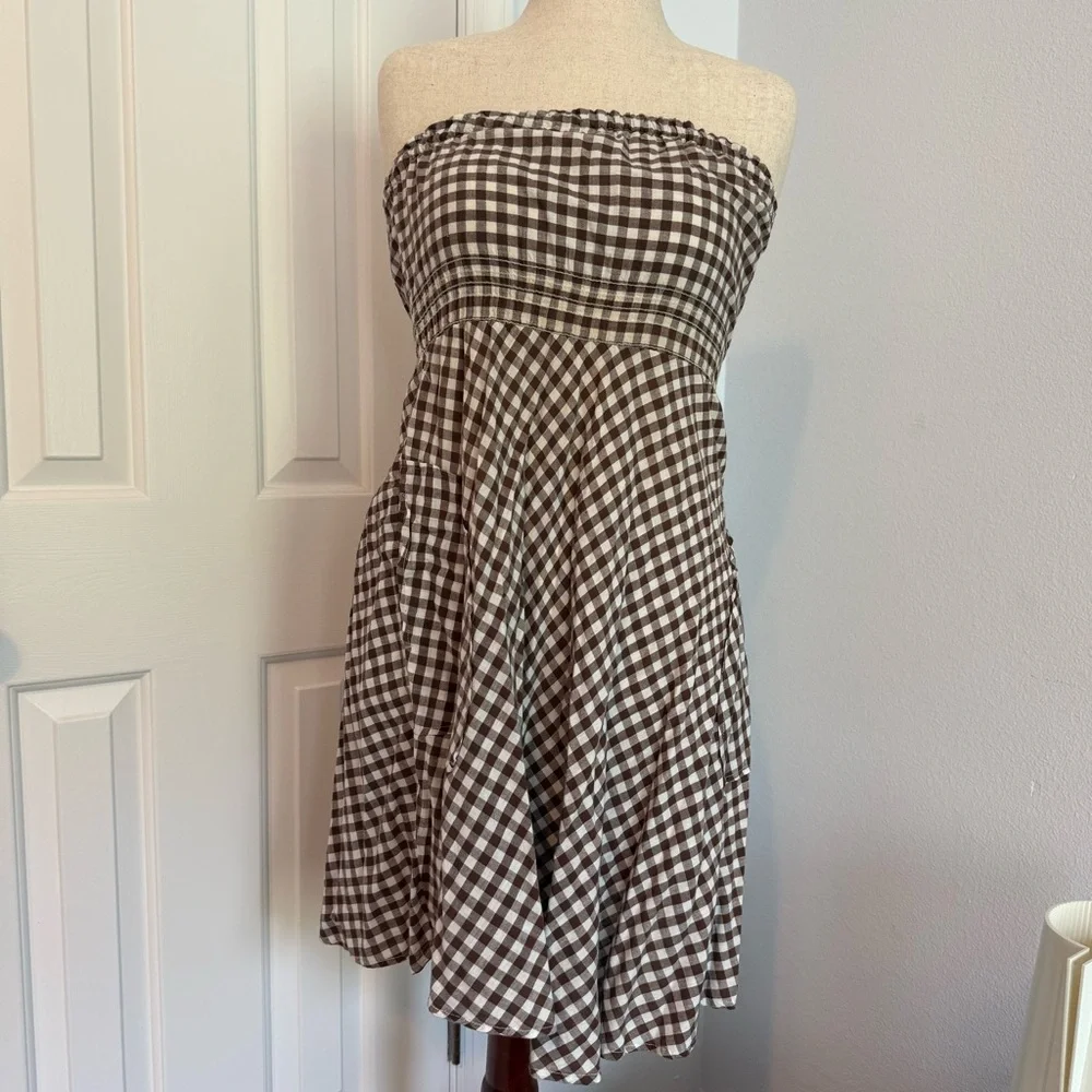 Brown and White Gingham Strapless Sundress - Picture 1 of 6